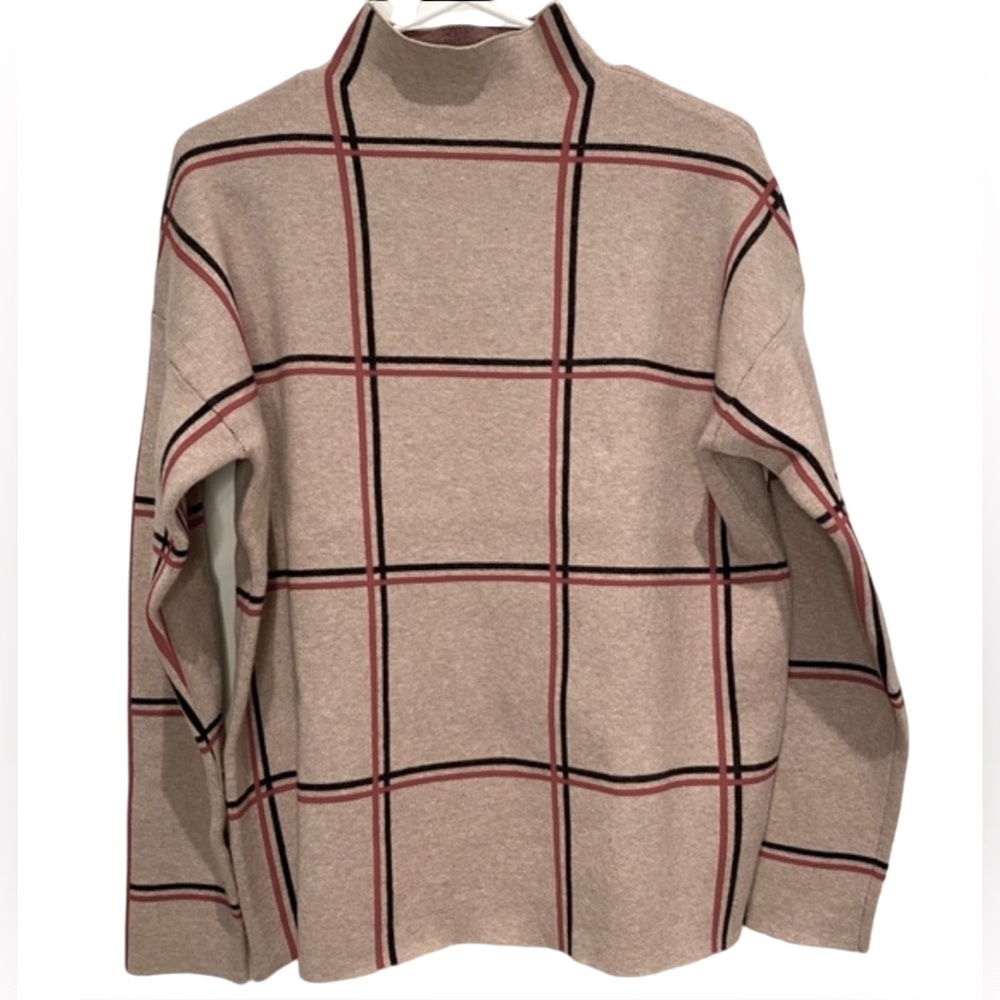 Tahari mock neck tan red black windowpane plaid sweater womens sz L.